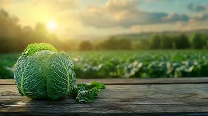 Sunset Cabbage Harvest: A Fresh Green Vegetable on Rustic Wood