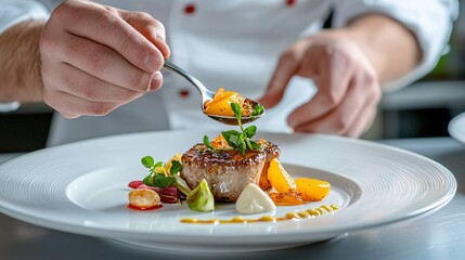 Gourmet Dish Preparation by Chef with Fresh Ingredients and Sauce