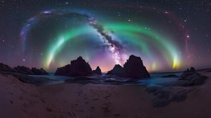 Naklejka premium Celestial Night Sky Photography with Vibrant Milky Way and Northern Lights Dancing Above Mountain Peaks