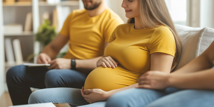 Pregnant woman holding belly sitting with husband at prenatal class