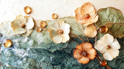 Elegant Watercolor Peacock Flowers  Dew Drops  Resin Art  Green Leaves