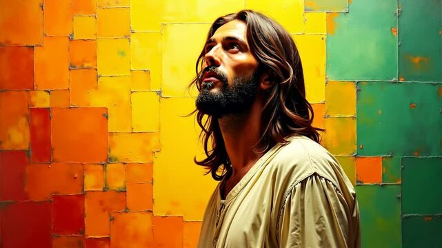 Animation of Jesus Christ our one and only Lord and savior posing in front of a colorful rustic wall
