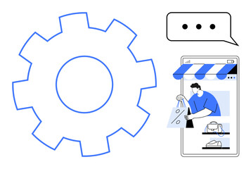 Large blue gear, smartphone with storefront and product images, person holding shopping bags, speech bubble. Ideal for online shopping, business processes, technology, e-commerce, digital