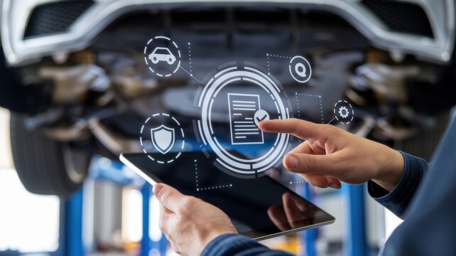 Mechanic using a tablet to inspect a car digitally