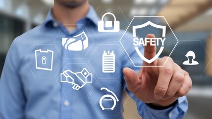 Man touching a digital safety shield with safety icons