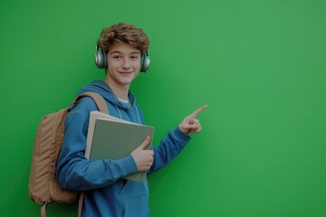 Smiling student pointing at green background while holding books and wearing headphones