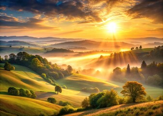 Fototapeta premium Soft sunrise light bathes rolling hills in pastel hues, a misty valley bokeh dreamscape.