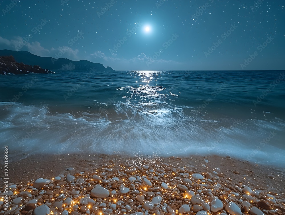 Wall mural Glowing beach stones and swirling golden sand sparkle under moonlit green sea