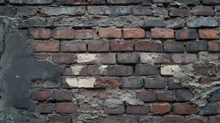 Fototapeta premium Aged brickwork with missing mortar and eroded edges. The worn and uneven structure adds a rich historical character.