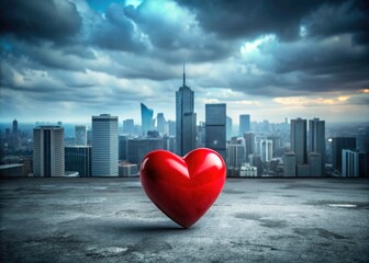 Solitary red heart-shaped building, a striking architectural statement in the cityscape's solitude.