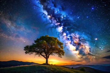 Naklejka premium Solitary tree stands sentinel on a hilltop, as a timelapse captures the breathtaking beauty of a starry night.