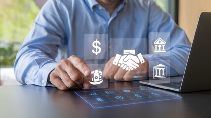 Man using futuristic interface to manage finances and investments