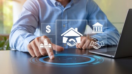 Man using touchscreen interface for real estate business transactions