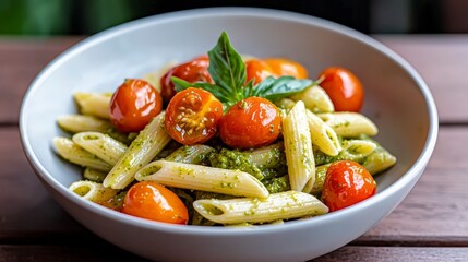 Delicious Pesto Penne Pasta with Cherry Tomatoes in Bowl