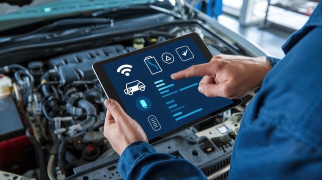 Mechanic uses tablet to diagnose car problems in a garage