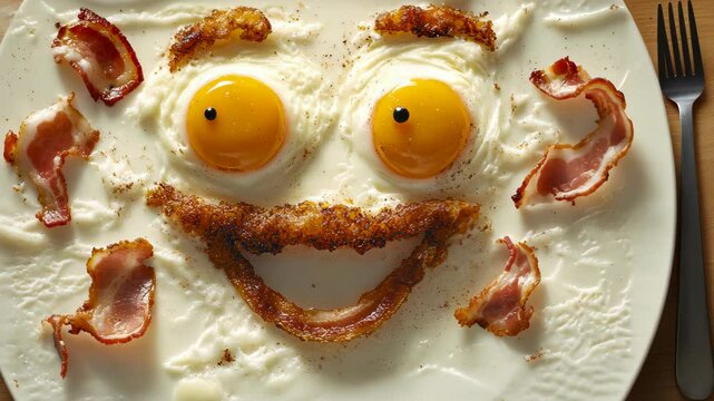 Creative breakfast plate featuring fried eggs and crispy bacon arranged as a smiling face