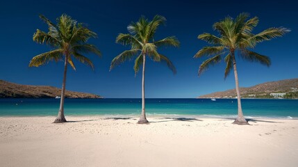 Fototapeta premium Idyllic Tropical Beach Three Palm Trees White Sand Turquoise Ocean