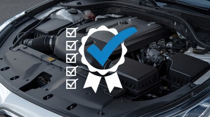 Inspected vehicle engine bay showcased with quality assurance approval graphic