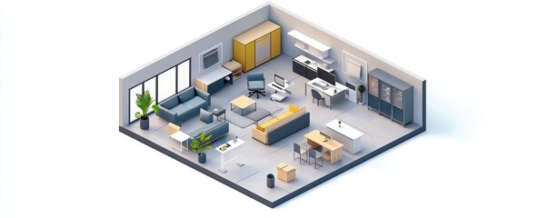 A modern, minimalistic office space featuring furniture, plants, and ample natural light, designed for productivity and comfort.