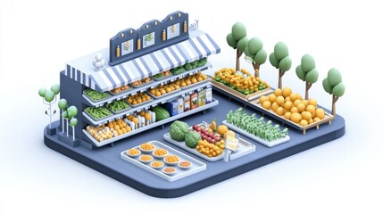 A colorful market scene featuring a variety of fruits and vegetables displayed on shelves and tables, surrounded by trees, creating a vibrant shopping atmosphere.