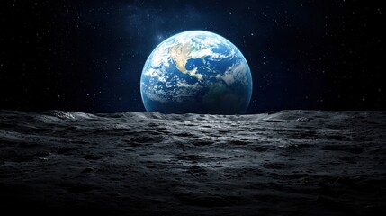 A stunning view of Earth from the moon's surface, highlighting the planet's vibrant colors against a dark, starry backdrop.