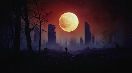 Post Apocalyptic Cityscape  Lone Figure  Crumbling Buildings  Crimson Moon