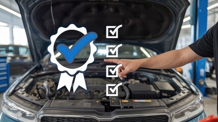 Car service checklist with approved emblem and mechanic arm