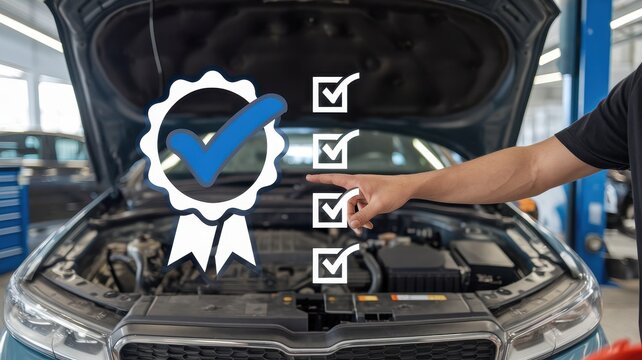 Car service checklist with approved emblem and mechanic arm