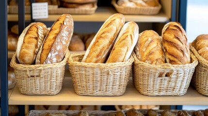 Freshly Baked Artisan Bread in Woven Baskets on Display in a Bakery Shop