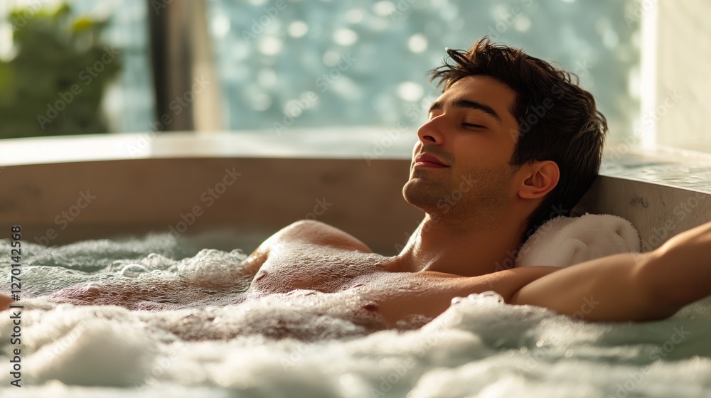 Aufkleber in a luxurious spa, a man indulges in a relaxing bath. bubbles surround him as he leans back against
