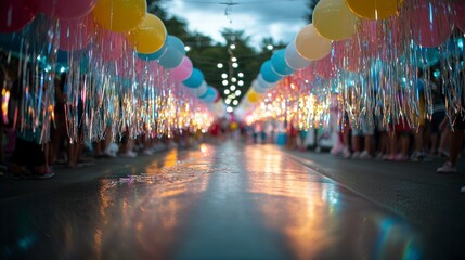 Obraz premium Festive Garland Balloons Street Party Night Celebration Colorful Lights Tinsel Decor