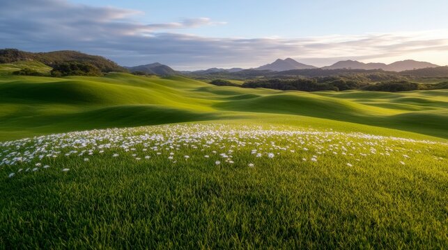 Serene Rolling Hills Meadow Landscape  White Daisies  Green Grass  Sunny Sky