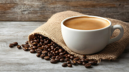 Aromatic coffee cup, burlap sack, beans, rustic wood