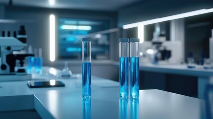 Naklejka premium Drug Discovery Laboratory Research Modern Medicine Development with Scientific Equipment and Blue Liquid in Test Tubes