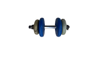 An old dumbbell with multiple blue and green weight plates isolated against white background