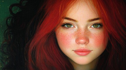Fototapeta premium Close up Portrait Redhead Girl Freckles Green Eyes Curly Hair Oil Painting Woman Ar