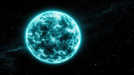 Obraz premium A glowing celestial body in deep space, showcasing vibrant blues and intricate textures against a dark backdrop.