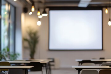 Blurred office space with projector screen and whiteboard. Modern office workspace showcasing productivity and collaboration among team members in a minimalist setting with soft lighting