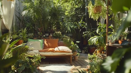 The terrace is decorated with bright green plants and a stylish rug, with colorful cushions