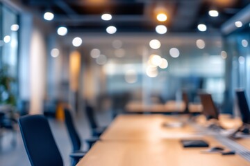Blurred office workspace with desks and bright lighting. Creative work environment showcasing collaboration and productivity in a modern office setting with minimalist design