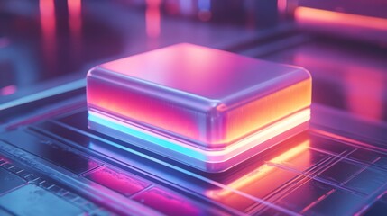 Illuminated metallic cube on neon surface