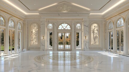 Luxurious sunroom with marble floors, classical statues, and large windows offering garden views.