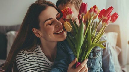 Happy mother receiving a bouquet of tulips from her child in a bright bedroom. Woman in striped shirt and jeans, son holding flowers and kissing her cheek. 