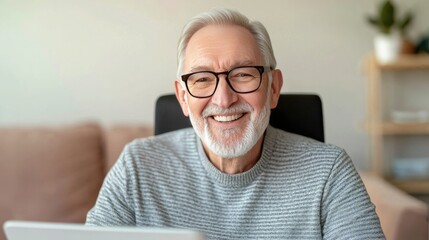 A cheerful senior man with glasses smiles while looking at a tablet, highlighting technology use in later life.