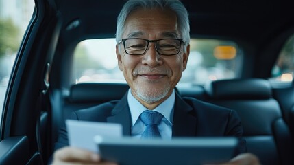 A smiling elderly man in a suit reads documents in the backseat of a car, exuding confidence and satisfaction amidst an urban backdrop.