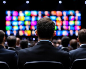 A person in formal attire observes a colorful array of screens displaying various images at a conference or event.