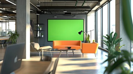 Fototapeta premium Modern Office Lounge with Green Screen Backdrop