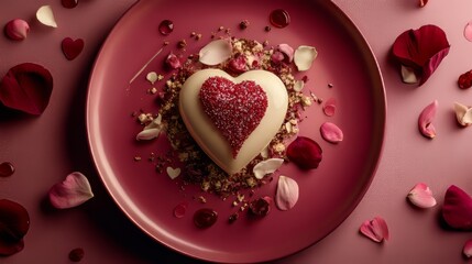 Heart-shaped dessert on a plate with petals