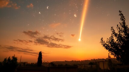 Ramadan Night Sky  Crescent Moons  Stars  Shooting Star  Cityscape