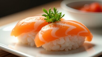 "A smooth sushi with glossy rice and fresh fillings, showcasing precise cuts and delicate arrangement for an elegant and refined vibe."